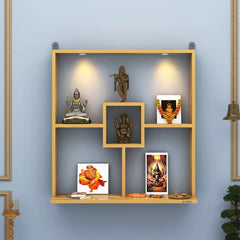Stunning Wall Mounted Shelf Styled Wooden Temple with LED Lights for Home