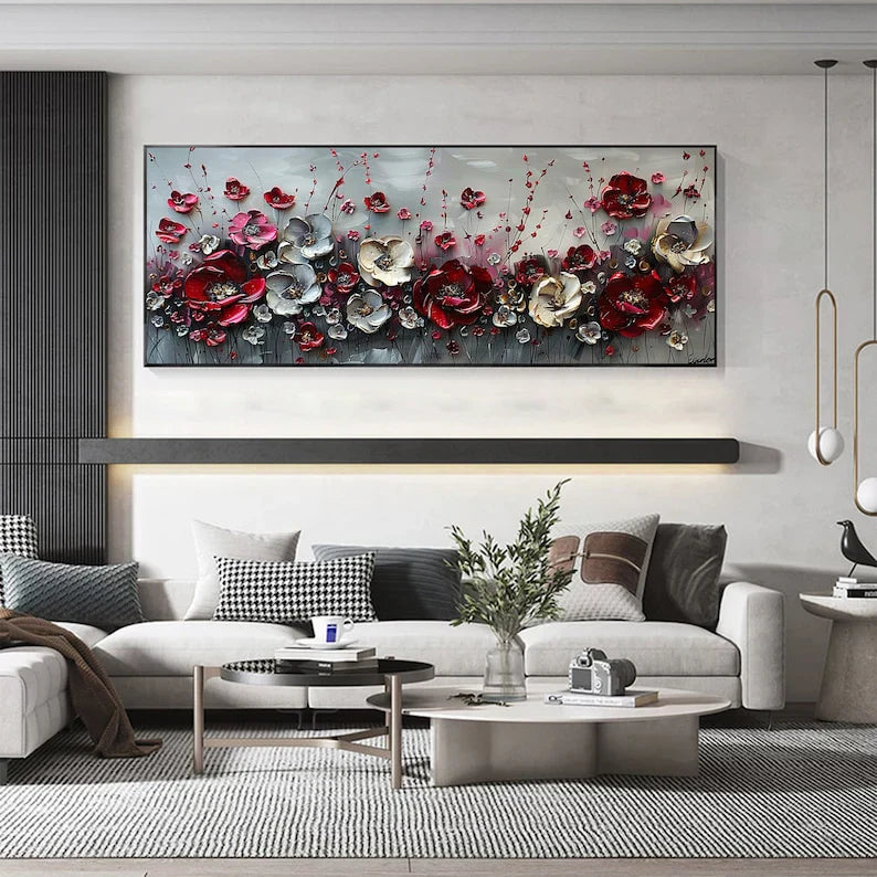 Large Abstract Flower Landscape Painting on Canvas Wall Art, Texture Wall Art,original Red Floral Wall Art Modern Wall Decor for Bedroom Online Clearance Sale