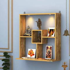 Stunning Wall Mounted Shelf Styled Wooden Temple with LED Lights for Home