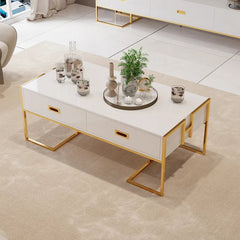 White Center Table with Four Drawers and Gold Base