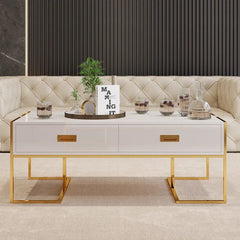 White Center Table with Four Drawers and Gold Base