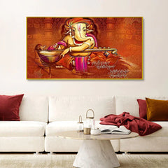 Auspicious Ganesha Playing Veena Canvas Wall Painting Clearance Sale