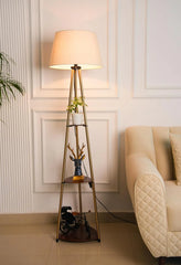 Divine Trends 3 Shelves Floor Lamp Brass Antique Finish 5 Feet Height with 16” Diameter Off White LampShade