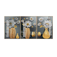 Luxury 3-Panel Floral Wall Art: Gold Vase, White Flowers on Dark Grey | Premium Triptych
