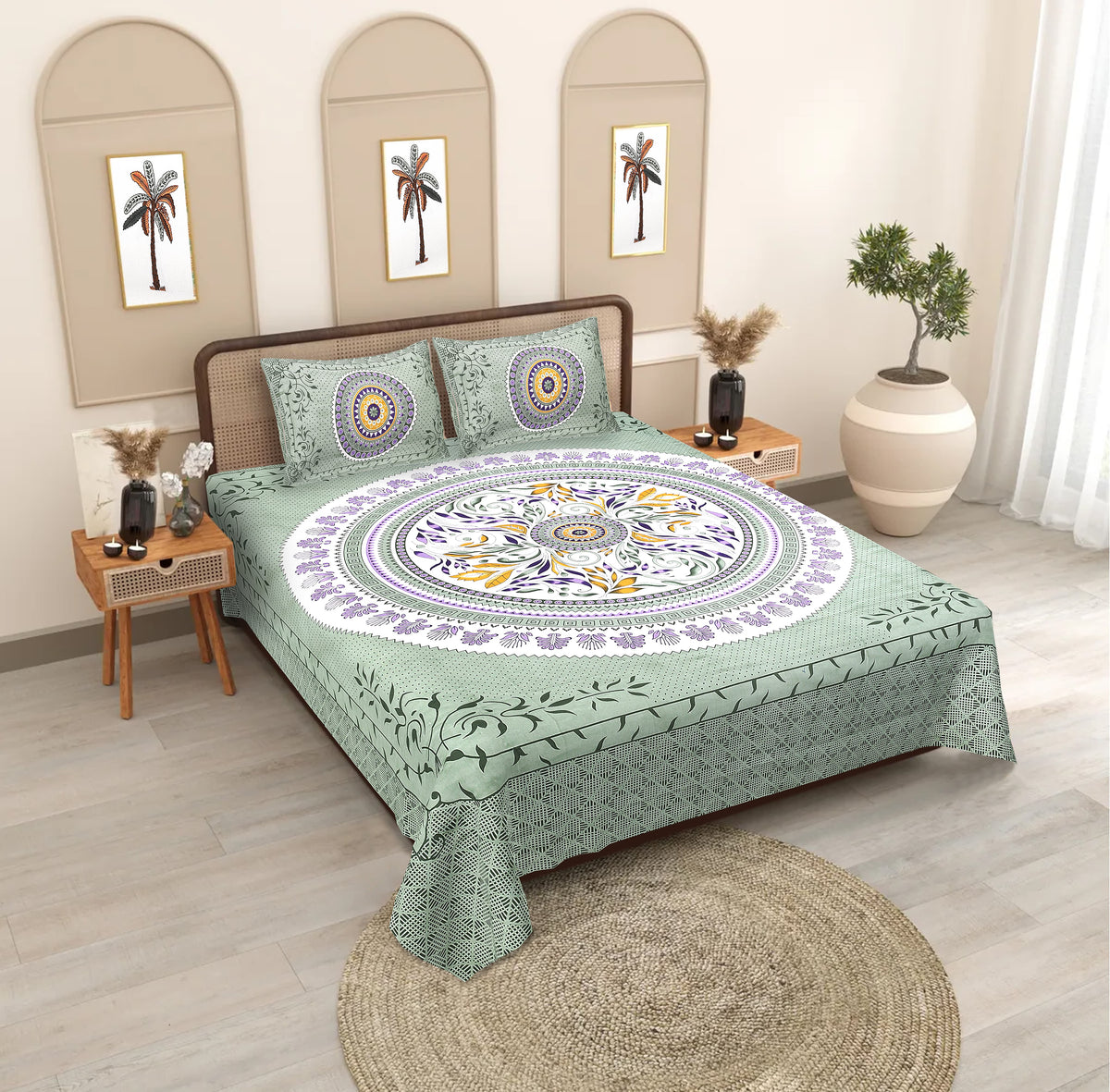 Mint Oasis Mandala Pure Cotton Double Bedsheet Set - Tranquil Green & Multi-Color Traditional Bedding