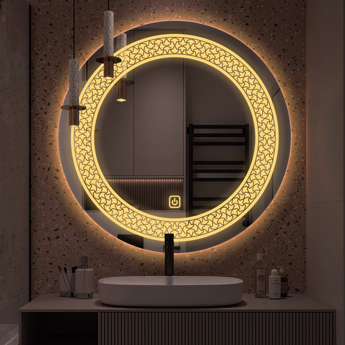 Classic Pattern Design Art Led Rounded Shape Bathroom Wall Mirror