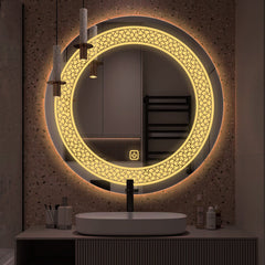 Classic Pattern Design Art Led Rounded Shape Bathroom Wall Mirror