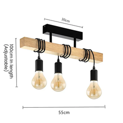 3 Light Black Steel Natural Wooden Bar Wooden Ceiling Light