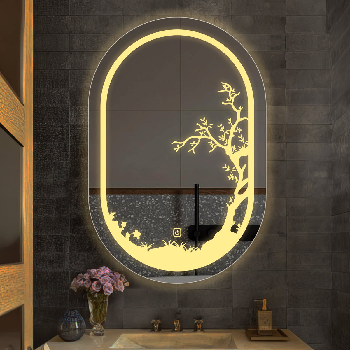 Beautiful Etching Border Edge Tree Design Art Led Bathroom Wall Mirror