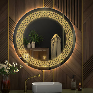 Designer Floral Pattern Art Led Rounded Shape Bathroom Wall Mirror