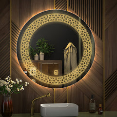 Designer Floral Pattern Art Led Rounded Shape Bathroom Wall Mirror