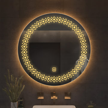 Modern Floral Pattern Art Led Rounded Shape Bathroom Wall Mirror