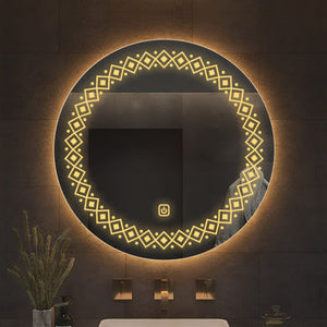 Modern Floral Pattern Art Led Rounded Shape Bathroom Wall Mirror