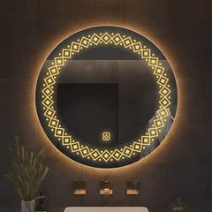 Modern Floral Pattern Art Led Rounded Shape Bathroom Wall Mirror