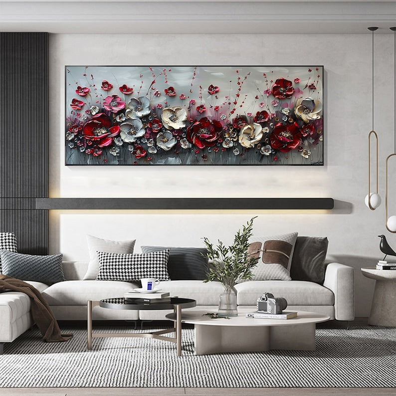 Large Abstract Flower Landscape Painting on Canvas Wall Art, Texture Wall Art,original Red Floral Wall Art Modern Wall Decor for Bedroom Online