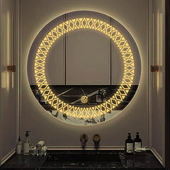 Artistic Pattern Design Art Led Rounded Shape Bathroom Wall Mirror