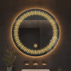 Modern Floral Pattern Art Led Rounded Shape Bathroom Wall Mirror