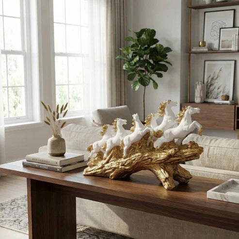 White & Gold Seven Horses Vastu Showpiece for Home Decor | 45 cm (Length) × 25 cm (Height)