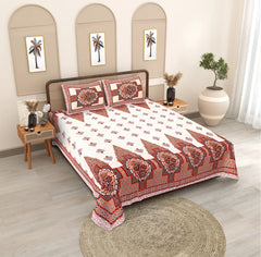 100% Cotton Double Bedsheet with 2 Pillow Covers - Red & White Floral Design