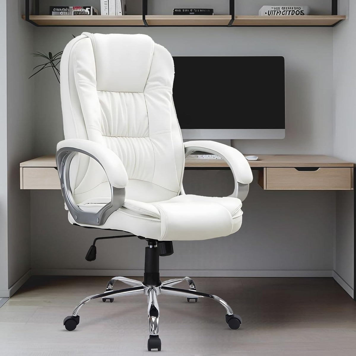 Premium White Leatherette Office Chair with Fixed Armrests | Ergonomic Home Office Desk Chair | Heavy Duty Chrome Base
