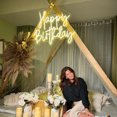 Happy Birthday LED Neon Sign – Elegant White Light Wall Decor for Party Backdrop, Celebration Display, Cake Table, Photo Booth, Home Event Styling