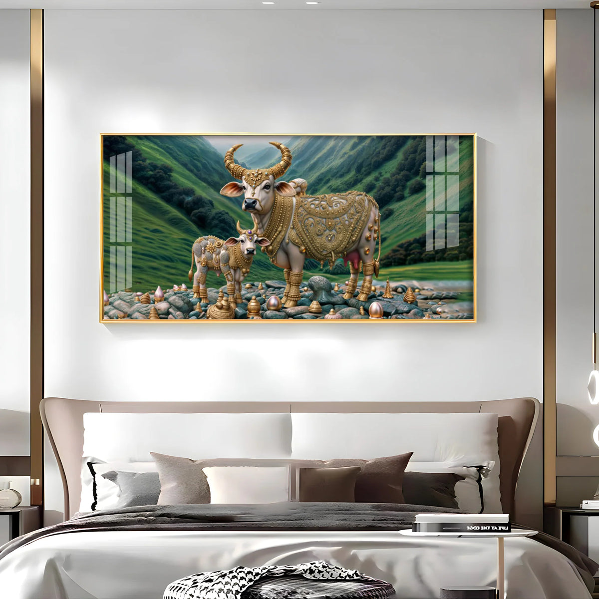 Sacred Kamdhenu Cow and Calf Acrylic Painting-Vastu Shastra Wall Art for Prosperity & Abundance