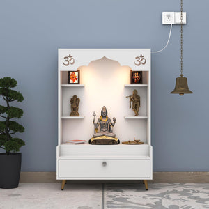 Divine Engineered Wood Home Temple Modern Design Puja Temple Stand with LED Lights Home Mandir OM Puja Shelf for Office - White