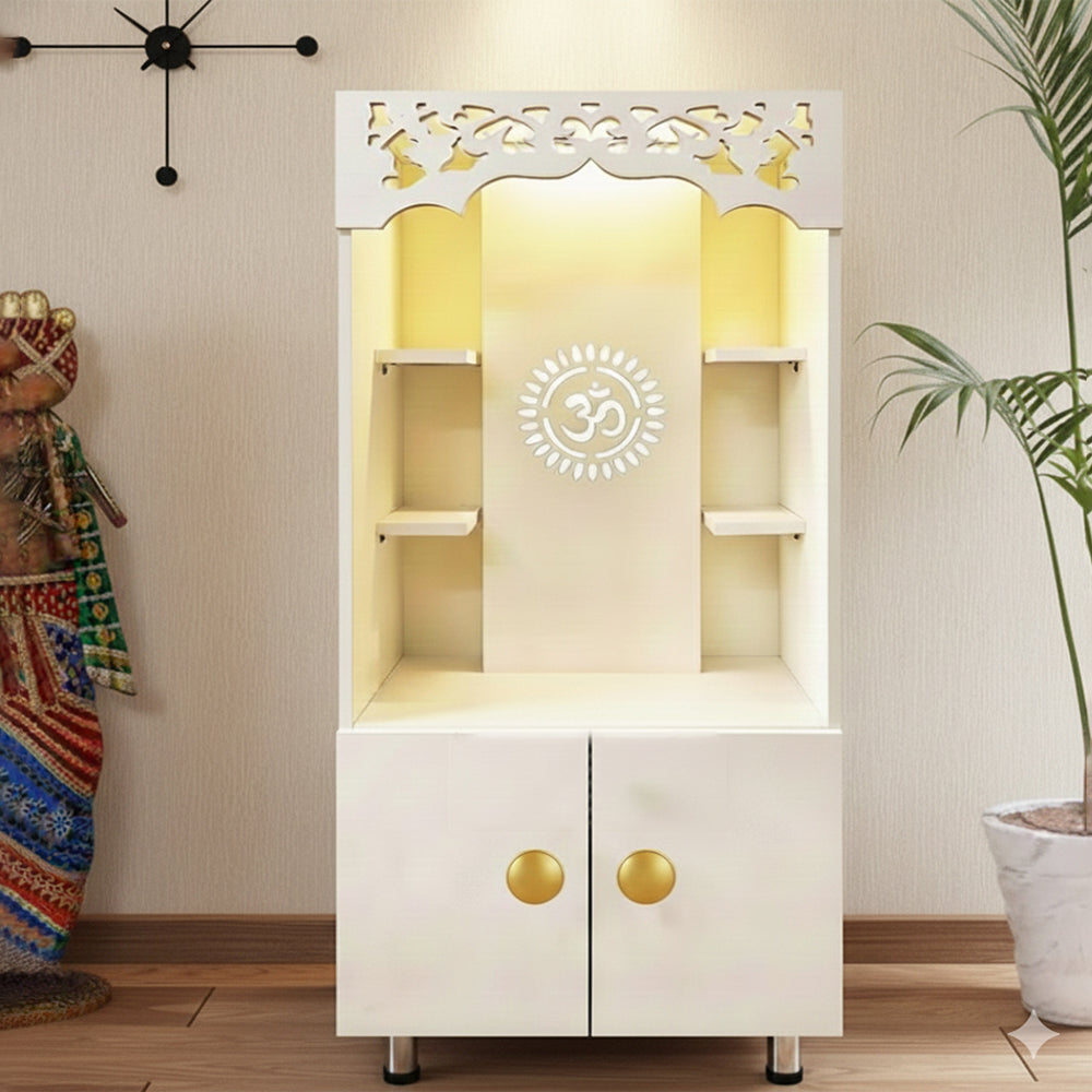 Luxury White Home Temple with LED Backlight & $Om$ Design | Pooja Mandir Storage