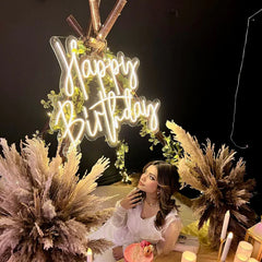 Happy Birthday LED Neon Sign – Elegant White Light Wall Decor for Party Backdrop, Celebration Display, Cake Table, Photo Booth, Home Event Styling