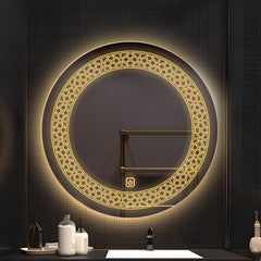 Designer Floral Pattern Art Led Rounded Shape Bathroom Wall Mirror