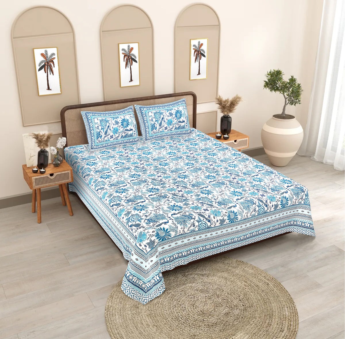 Sanganeri Print 100% Cotton Double Bedsheet with 2 Pillow Covers - Blue Floral Design