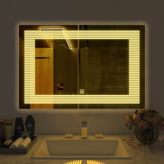 Rectangular Shaped Line Art Pattern Led Bathroom Wall Mirror