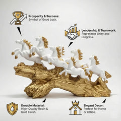 White & Gold Seven Horses Vastu Showpiece for Home Decor | 45 cm (Length) × 25 cm (Height)