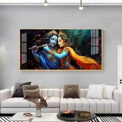 Radha Krishna Playing Bansuri Premium Acrylic Horizontal Wall Art