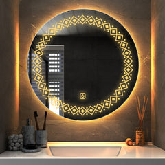 Modern Floral Pattern Art Led Rounded Shape Bathroom Wall Mirror