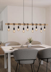 9 Light Black Steel Natural Wooden Bar Wooden Ceiling Light
