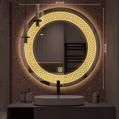 Classic Pattern Design Art Led Rounded Shape Bathroom Wall Mirror