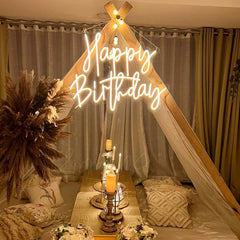 Happy Birthday LED Neon Sign – Elegant White Light Wall Decor for Party Backdrop, Celebration Display, Cake Table, Photo Booth, Home Event Styling