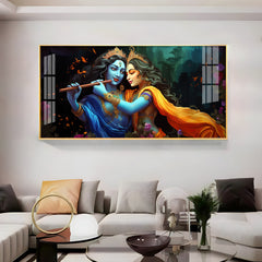 Radha Krishna Playing Bansuri Premium Acrylic Horizontal Wall Art