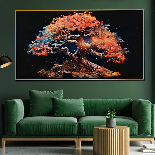 Tree of Autumn Colors Framed Crystal Glass Painting