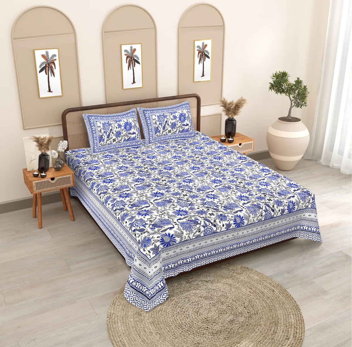 Traditional Indian Block Print Double Bedsheet - Blue Floral Pattern 100% Cotton