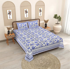 Traditional Indian Block Print Double Bedsheet - Blue Floral Pattern 100% Cotton
