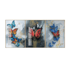 3-Panel Butterfly Wall Art: Colorful Butterflies on Grey & Gold Abstract | Modern Triptych