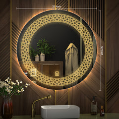 Designer Floral Pattern Art Led Rounded Shape Bathroom Wall Mirror