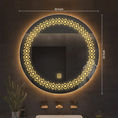 Modern Floral Pattern Art Led Rounded Shape Bathroom Wall Mirror