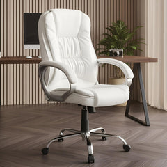 Premium White Leatherette Office Chair with Fixed Armrests | Ergonomic Home Office Desk Chair | Heavy Duty Chrome Base