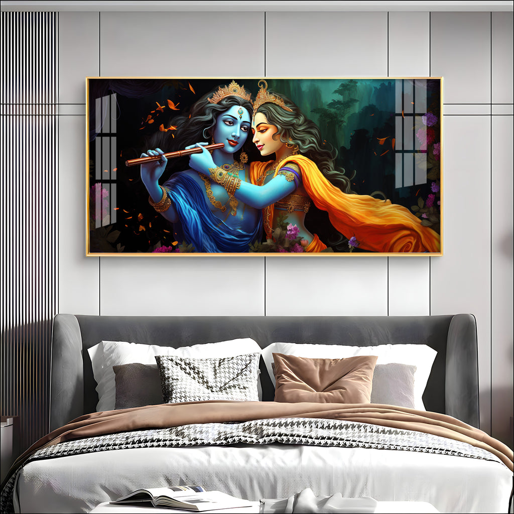 Radha Krishna Playing Bansuri Premium Acrylic Horizontal Wall Art