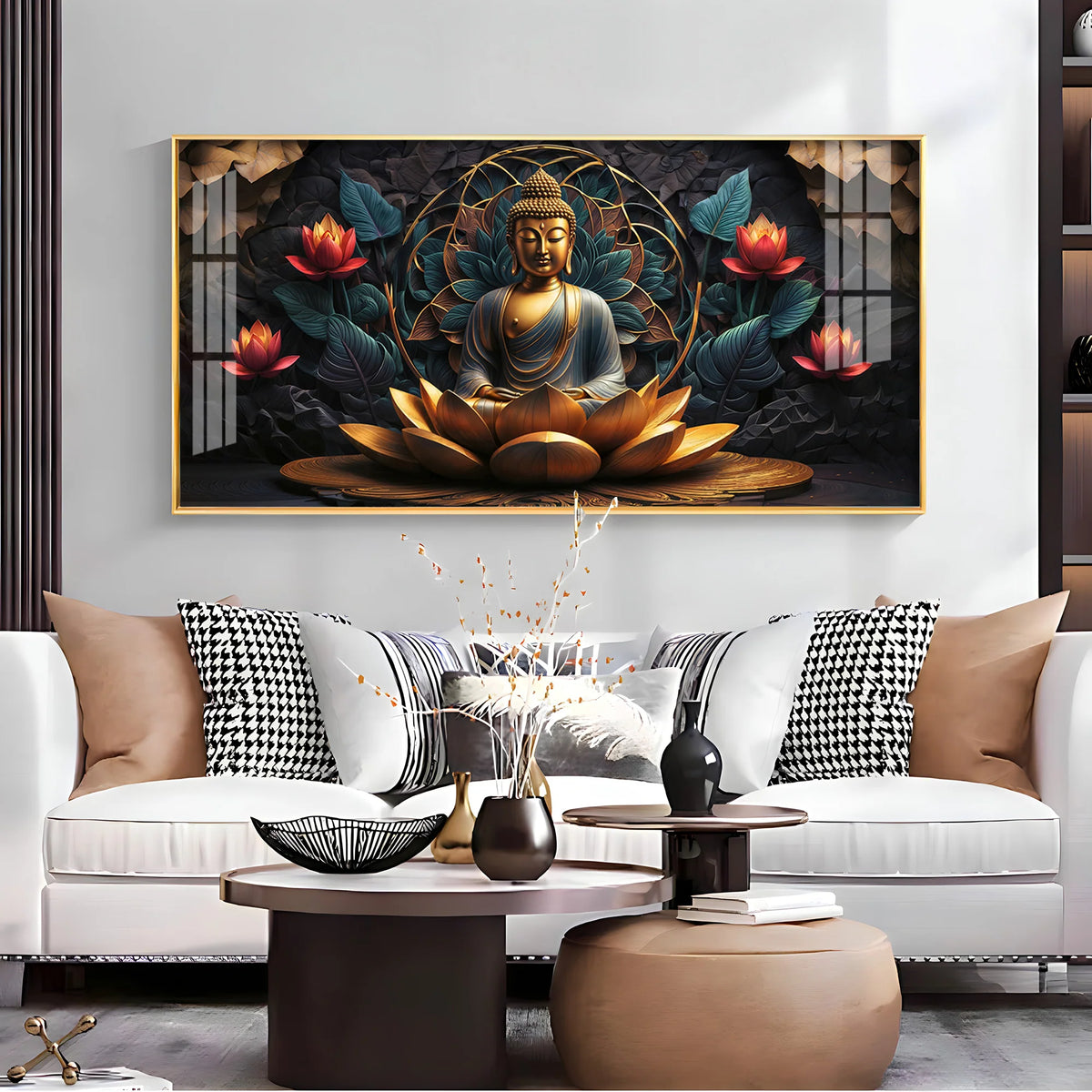 Divine Buddha on Golden Lotus Premium Acrylic Glass Painting