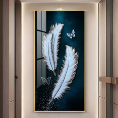 Premium 3D Silver Feather Acrylic Wall Art - Vertical Luxury Glass Painting