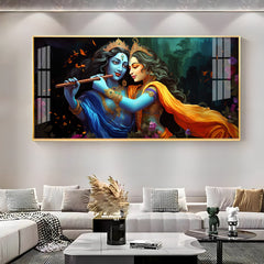 Radha Krishna Playing Bansuri Premium Acrylic Horizontal Wall Art